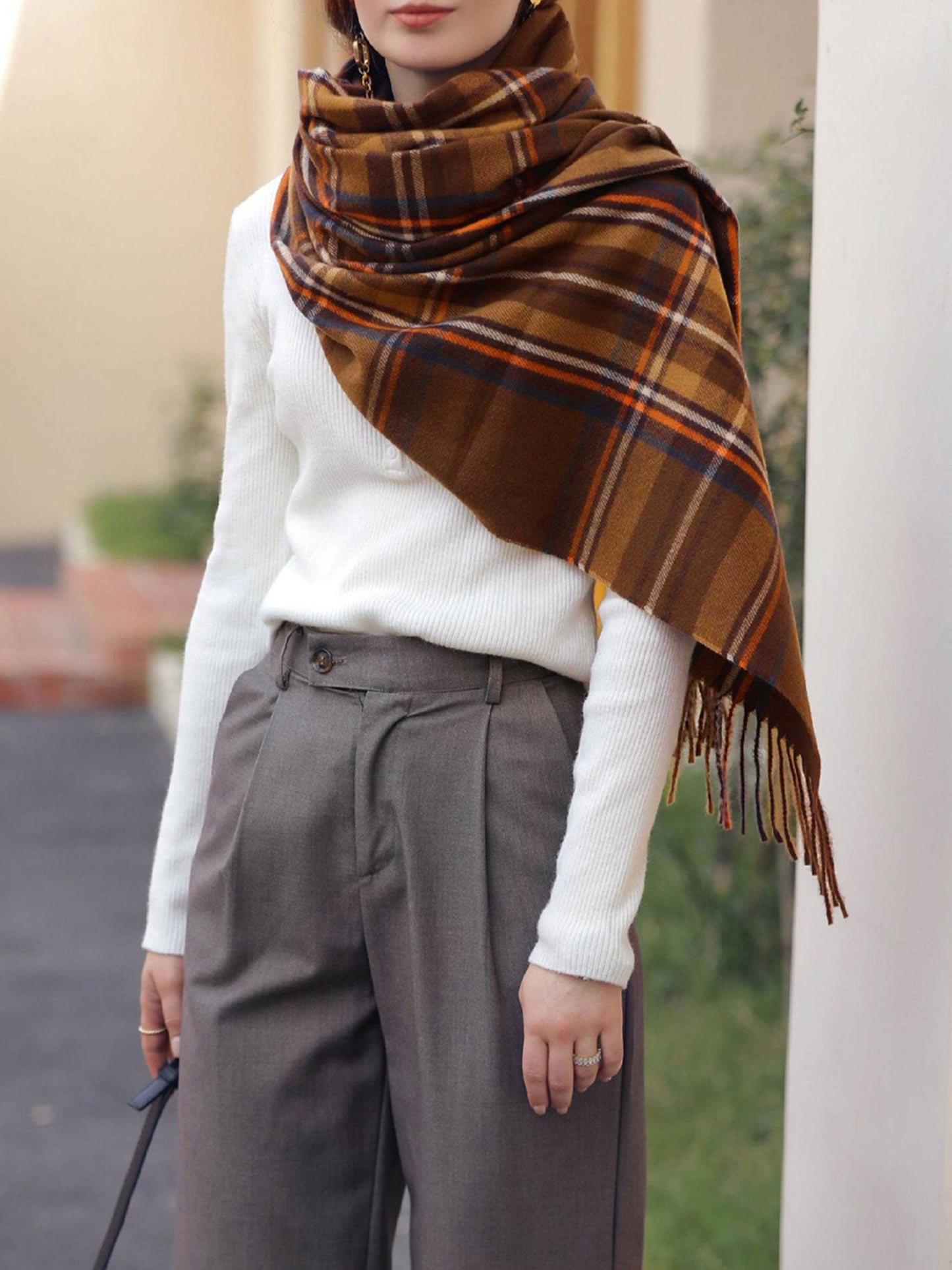Fall Winter Geometric Plaid Tassel Scarf