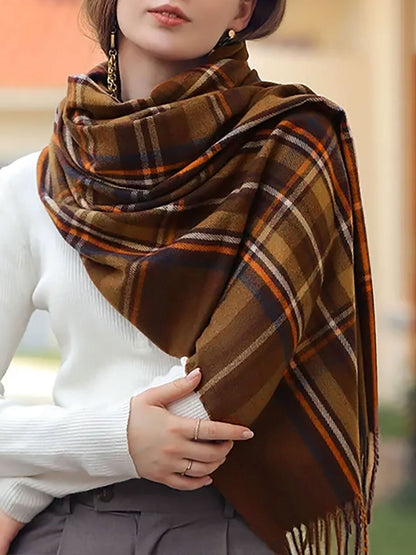 Fall Winter Geometric Plaid Tassel Scarf