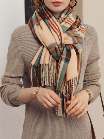 Fall Winter Geometric Plaid Tassel Scarf