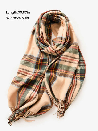 Fall Winter Geometric Plaid Tassel Scarf