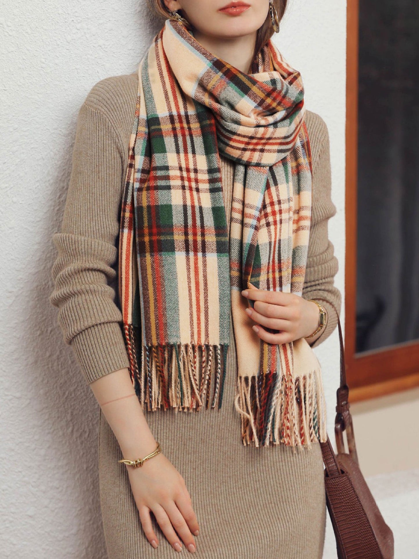 Fall Winter Geometric Plaid Tassel Scarf
