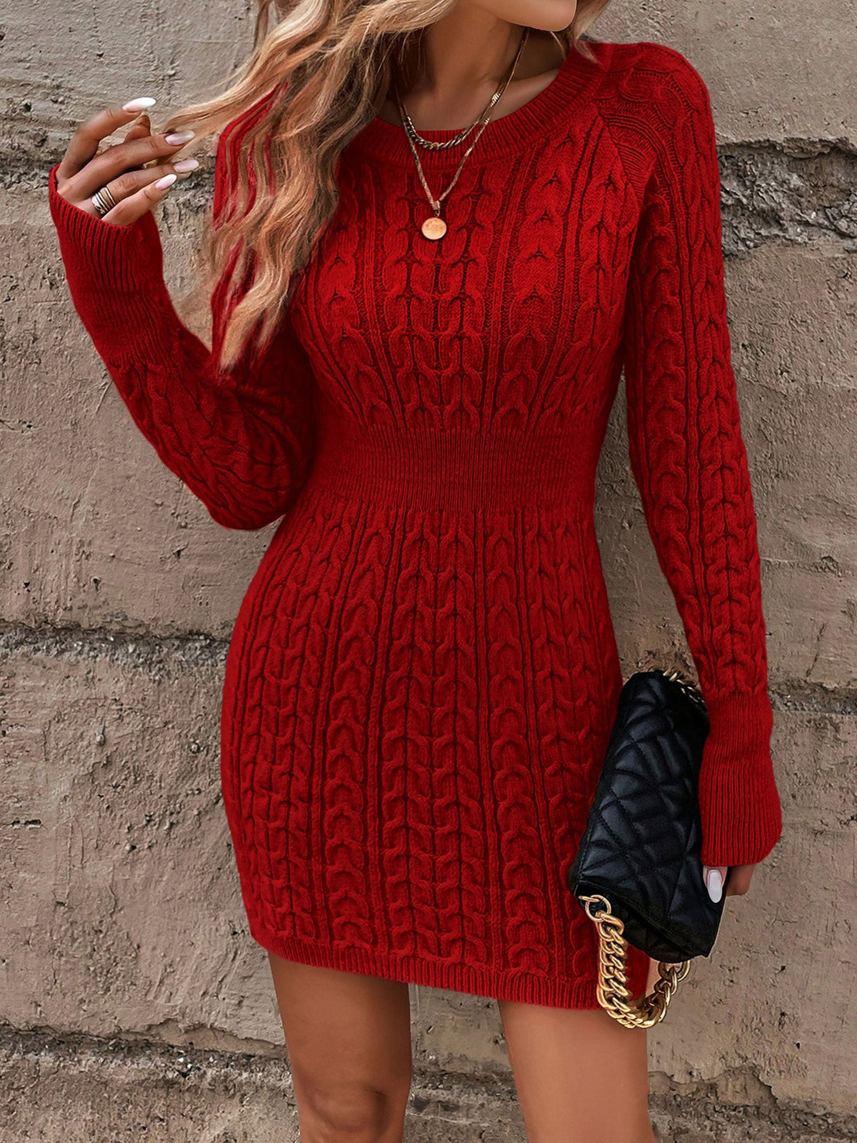 Cable Knit Round Neck Solid Color Bodycon Sweater Dress