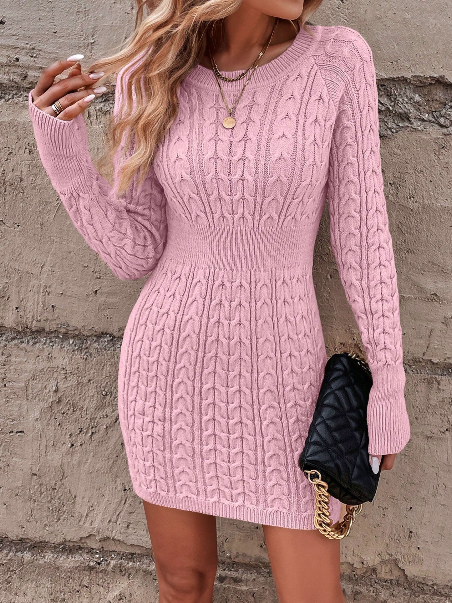 Cable Knit Round Neck Solid Color Bodycon Sweater Dress