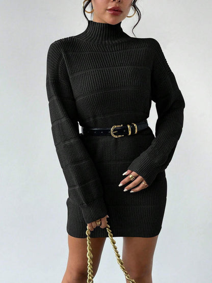 Turtleneck Long Sleeves Knitted Mini Sweater Dresss