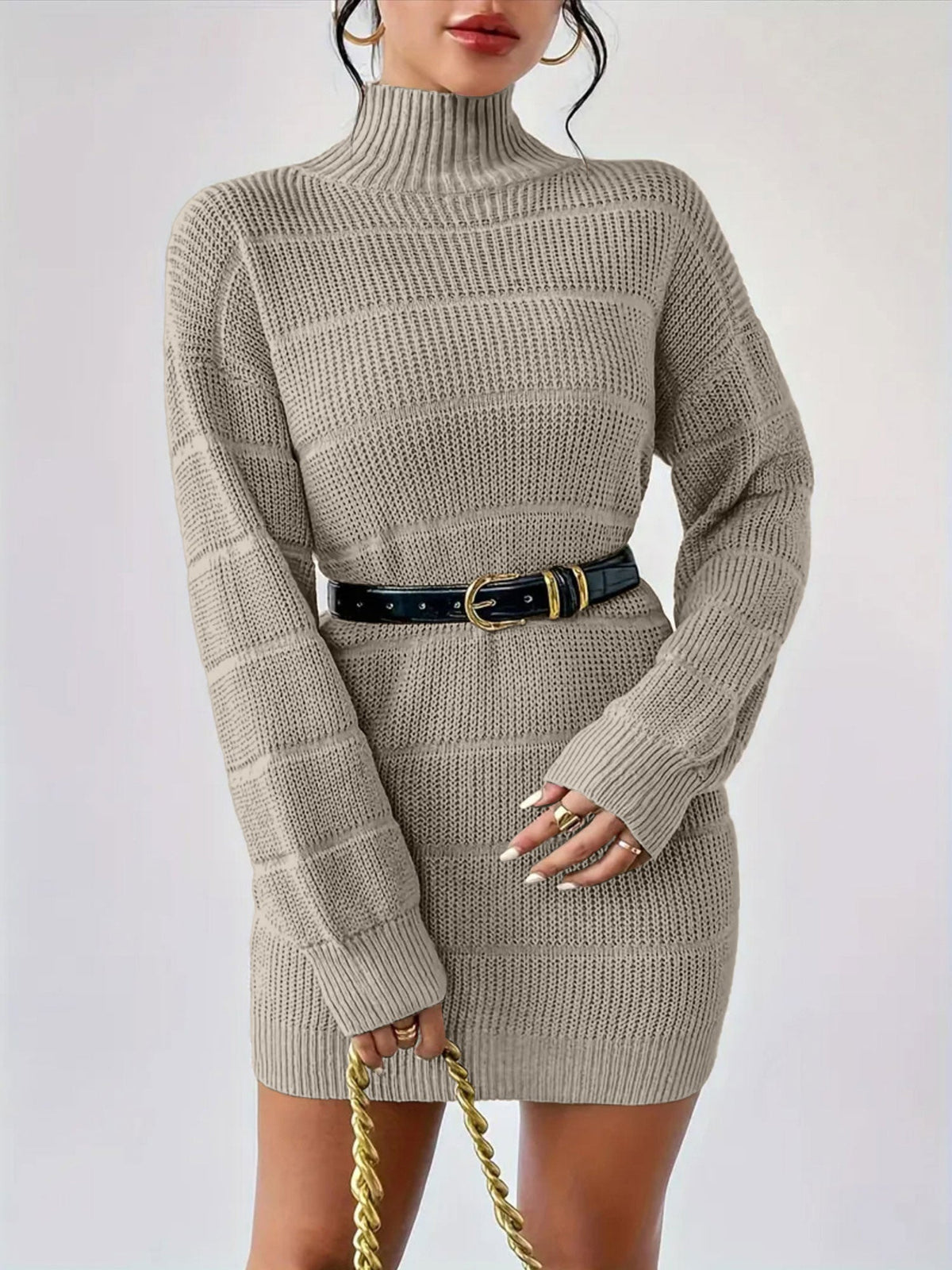 Turtleneck Long Sleeves Knitted Mini Sweater Dresss