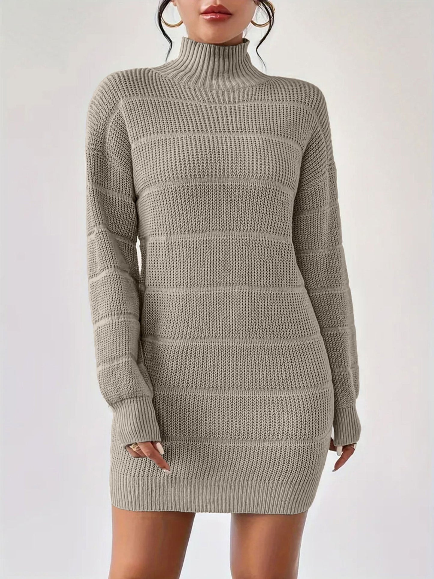 Turtleneck Long Sleeves Knitted Mini Sweater Dresss