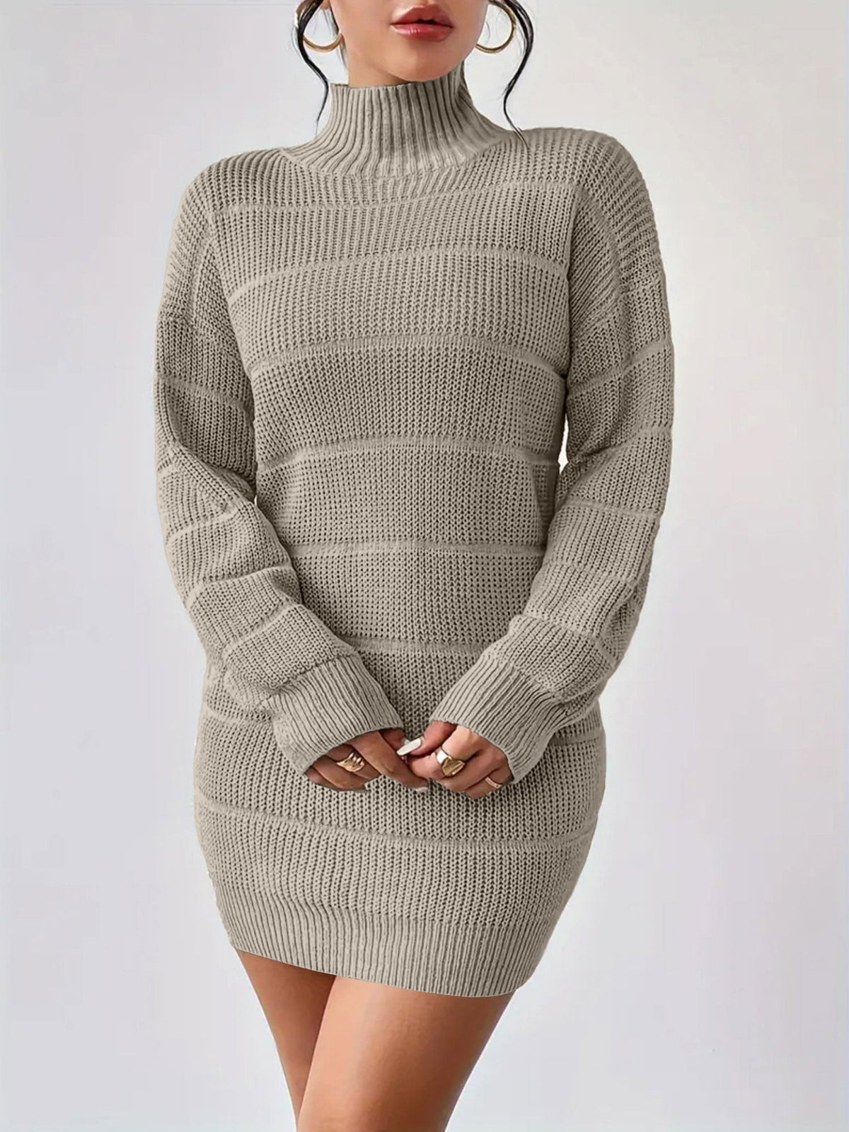 Turtleneck Long Sleeves Knitted Mini Sweater Dresss
