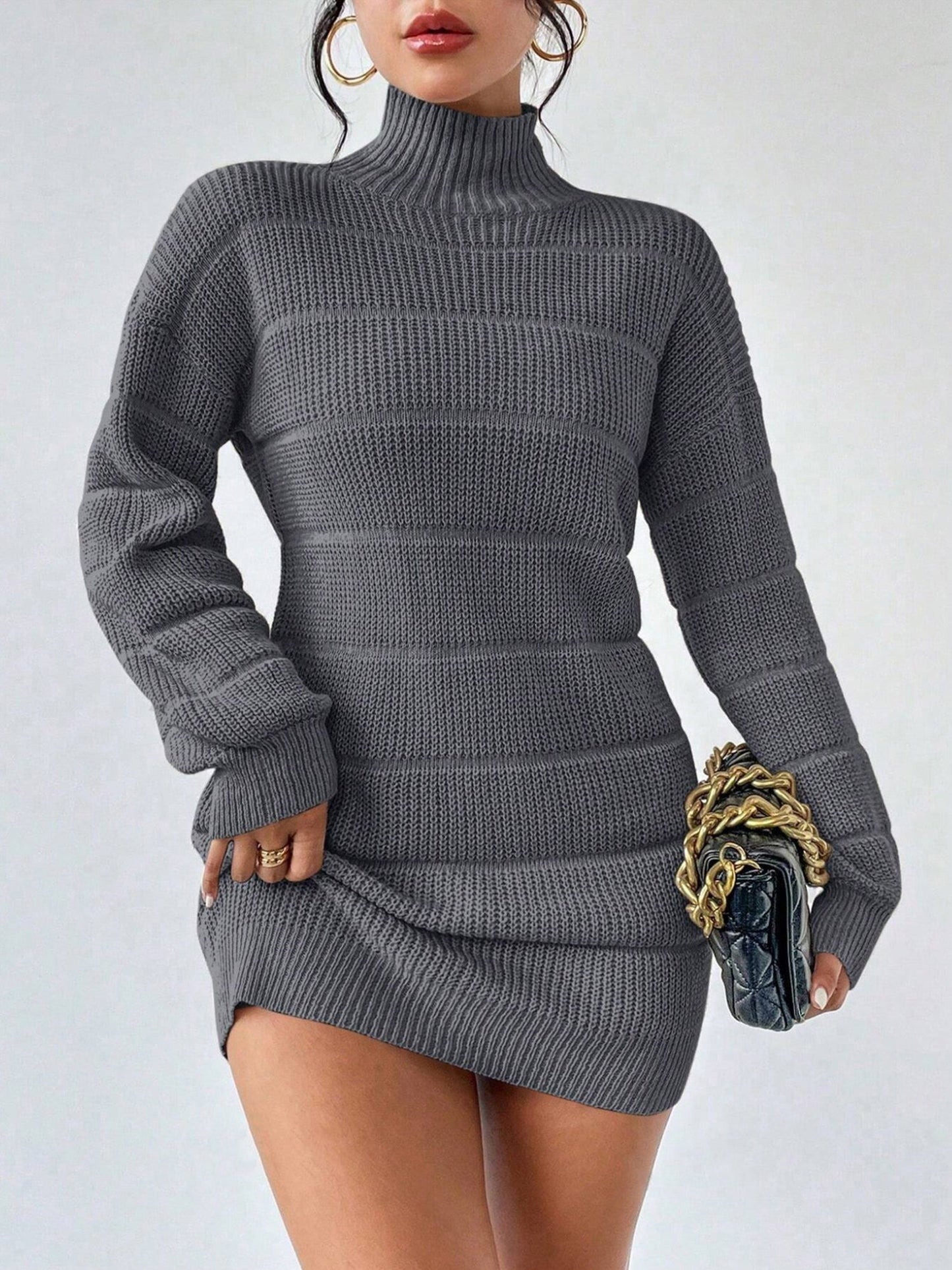 Turtleneck Long Sleeves Knitted Mini Sweater Dresss