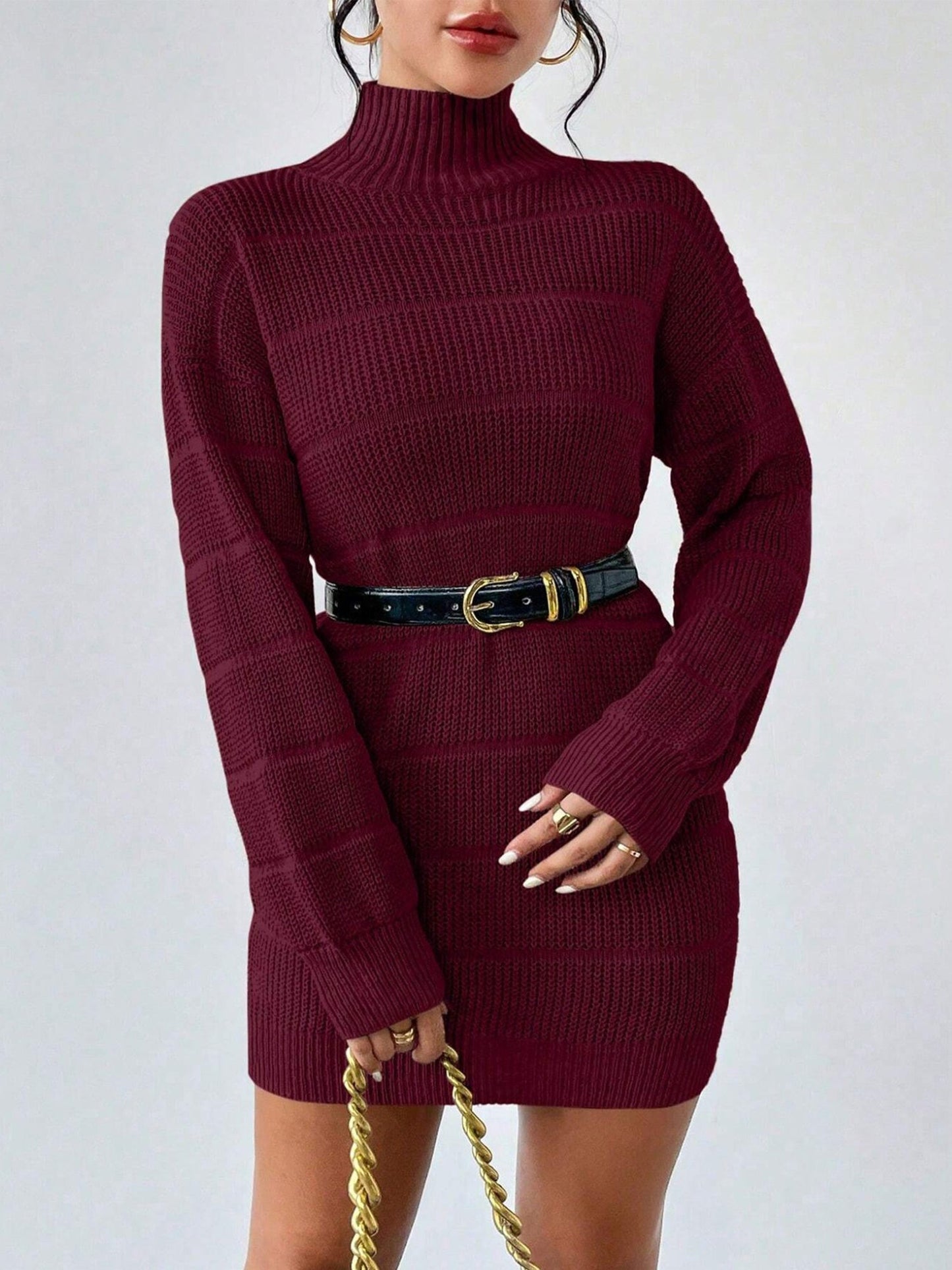 Turtleneck Long Sleeves Knitted Mini Sweater Dresss