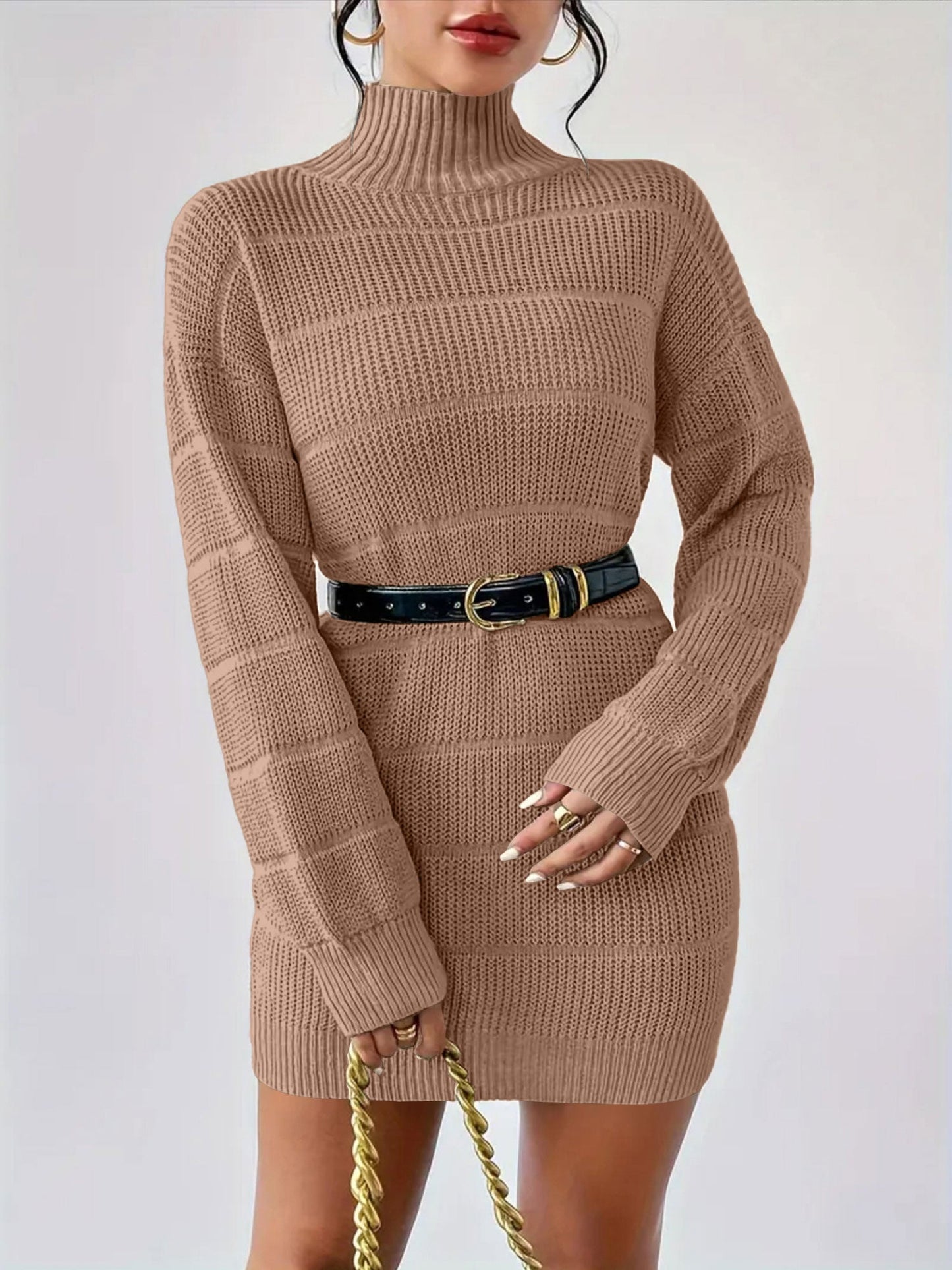 Turtleneck Long Sleeves Knitted Mini Sweater Dresss