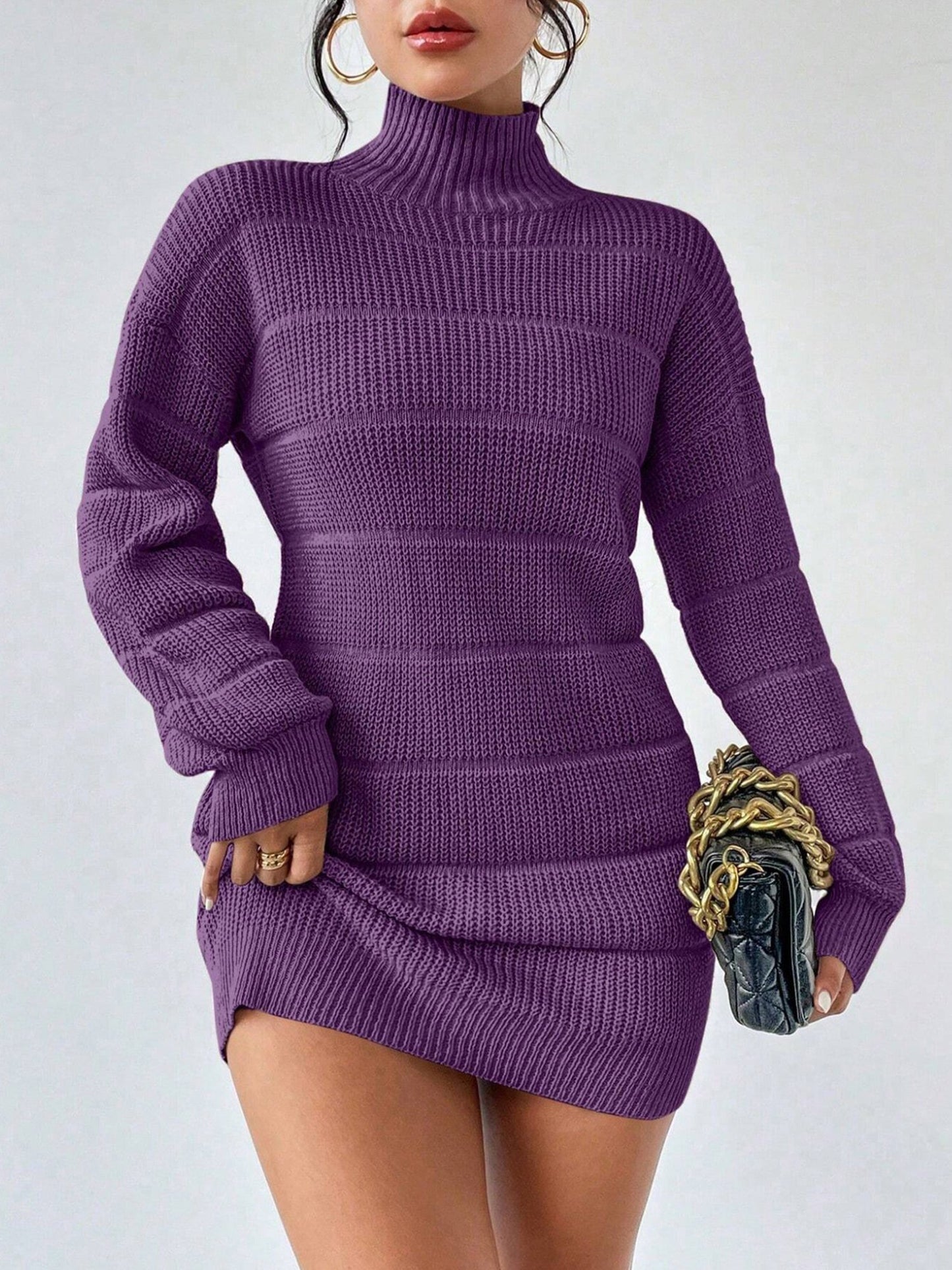 Turtleneck Long Sleeves Knitted Mini Sweater Dresss