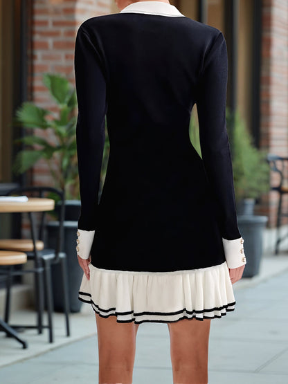Colorblock Double Layer Ruffle Knit Sweater Dress
