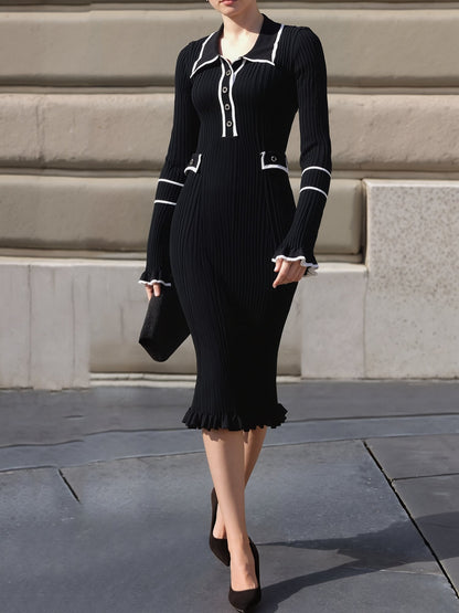Contrast Color Long Sleeves Bodycon Ruffled Dress