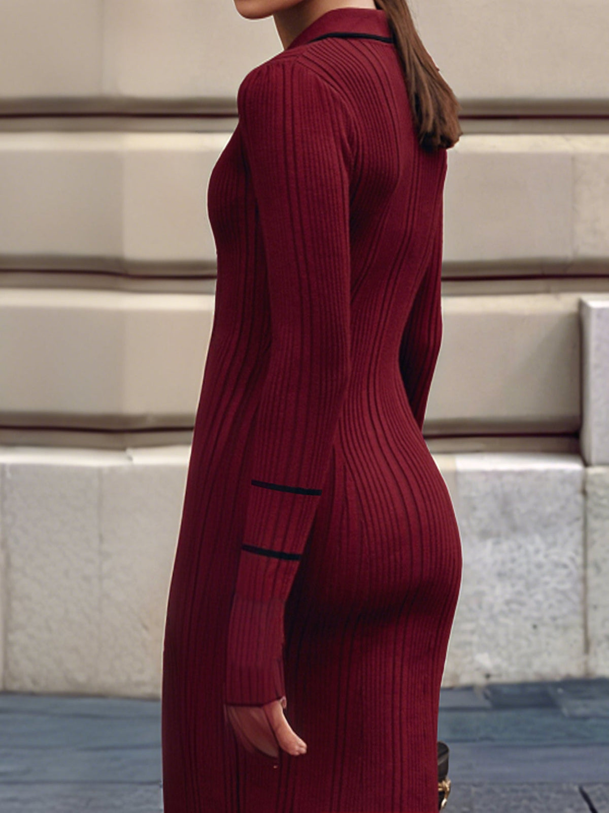 Contrast Color Long Sleeves Bodycon Ruffled Dress