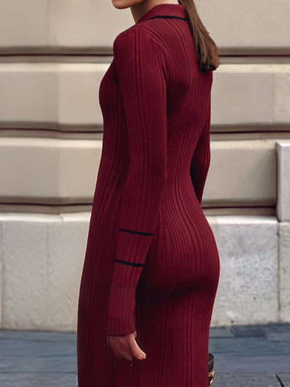 Contrast Color Long Sleeves Bodycon Ruffled Dress