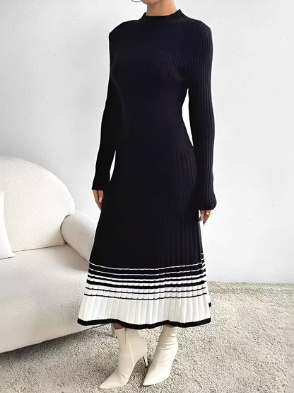 Round Neck Long Sleeves Colorblock Knitted Sweater Dress