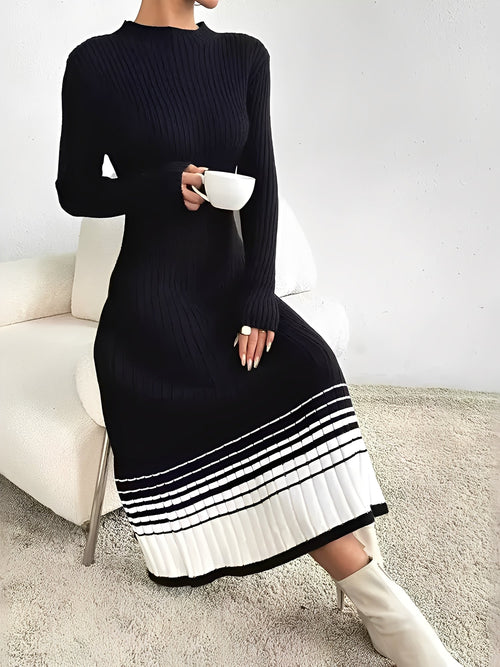 Round Neck Long Sleeves Colorblock Knitted Sweater Dress