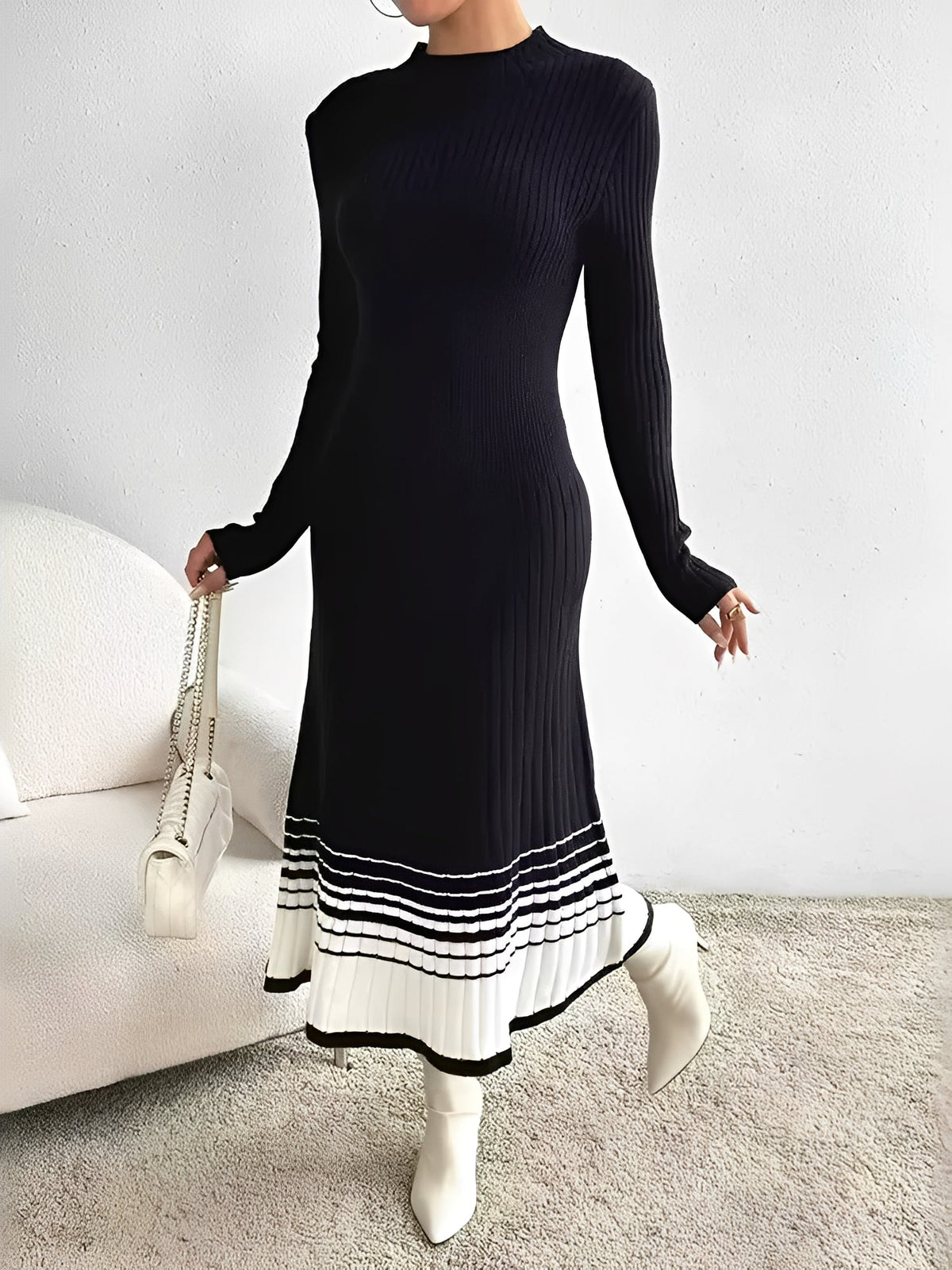 Round Neck Long Sleeves Colorblock Knitted Sweater Dress