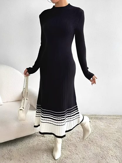 Round Neck Long Sleeves Colorblock Knitted Sweater Dress