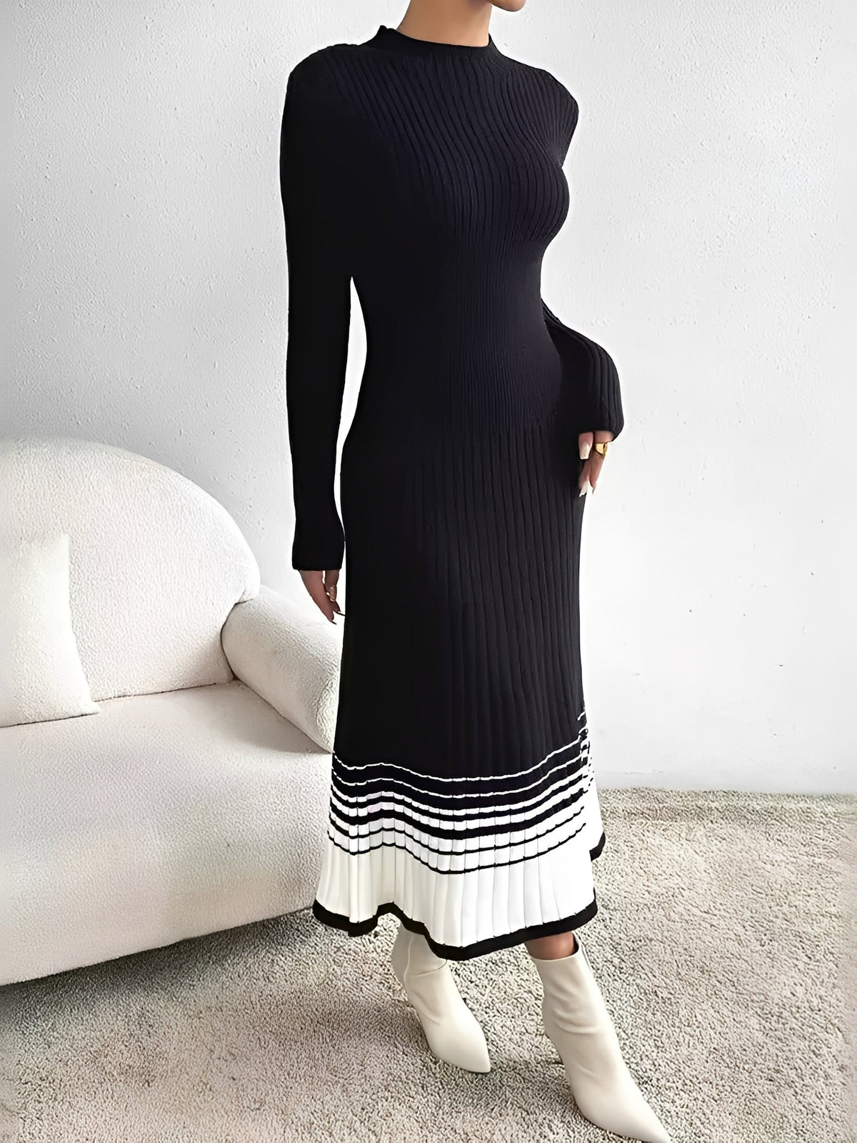 Round Neck Long Sleeves Colorblock Knitted Sweater Dress