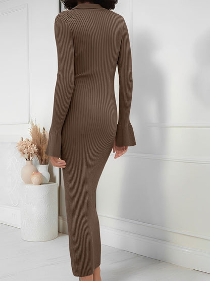 Lapel V Neck Long Sleeves Knitted Maxi Sweater Dress