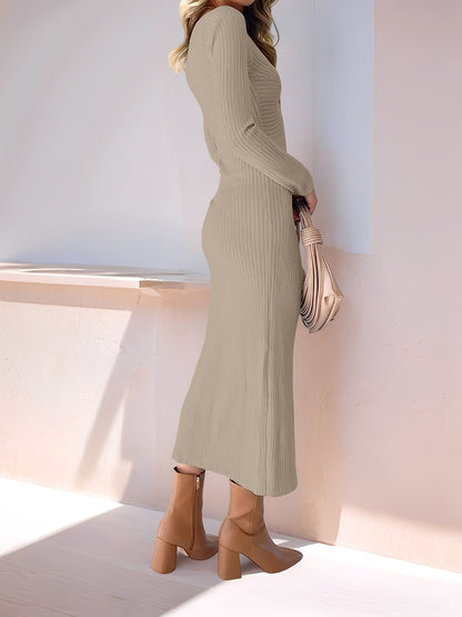 Ruched V Neck Long Sleeve Bodycon Sweater Dress