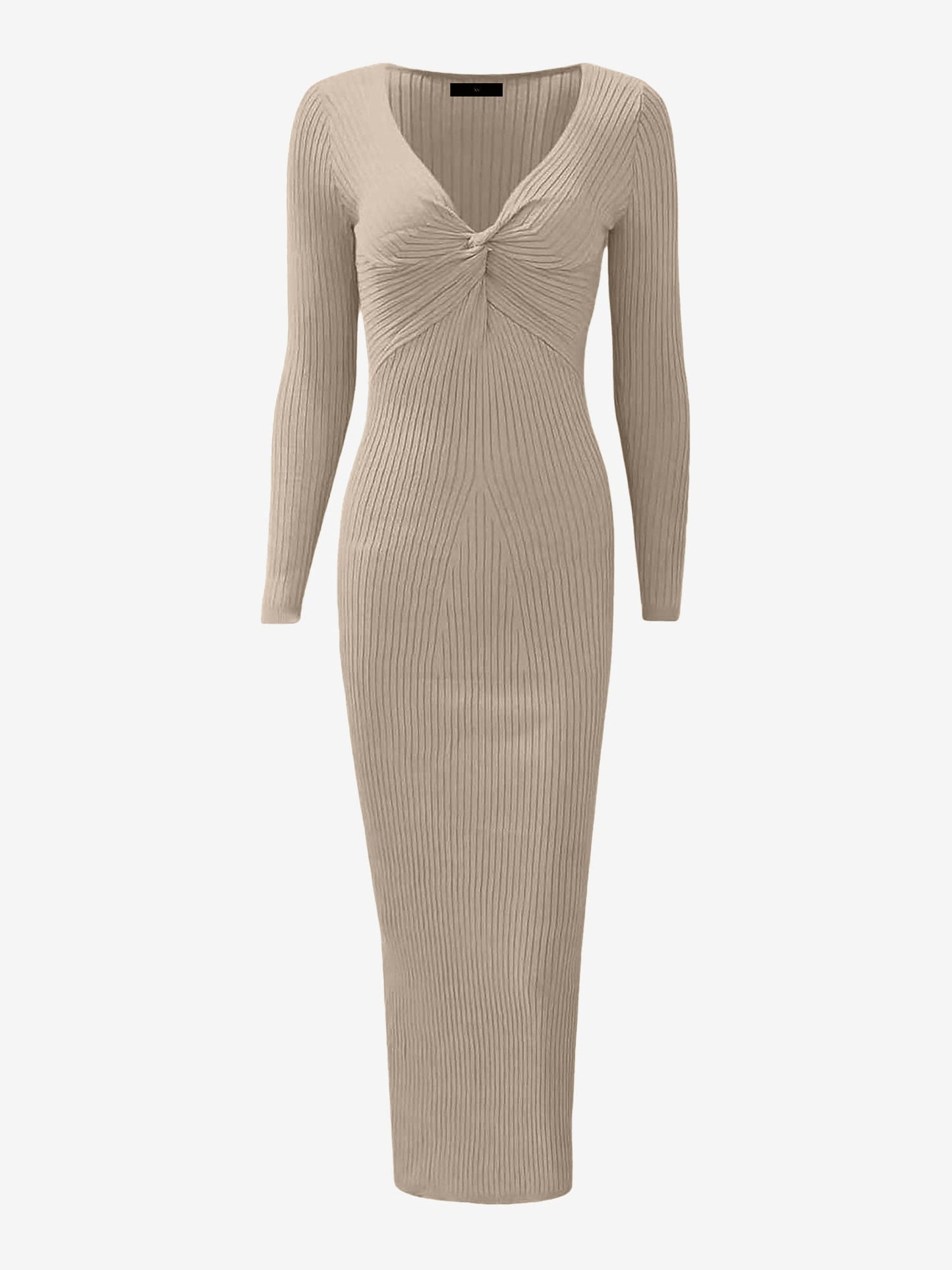 Ruched V Neck Long Sleeve Bodycon Sweater Dress
