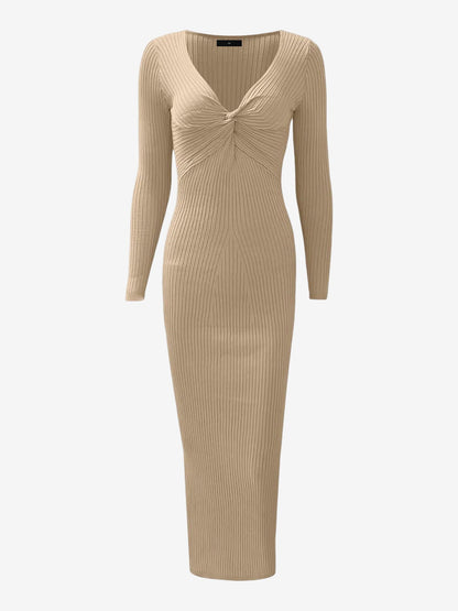 Ruched V Neck Long Sleeve Bodycon Sweater Dress