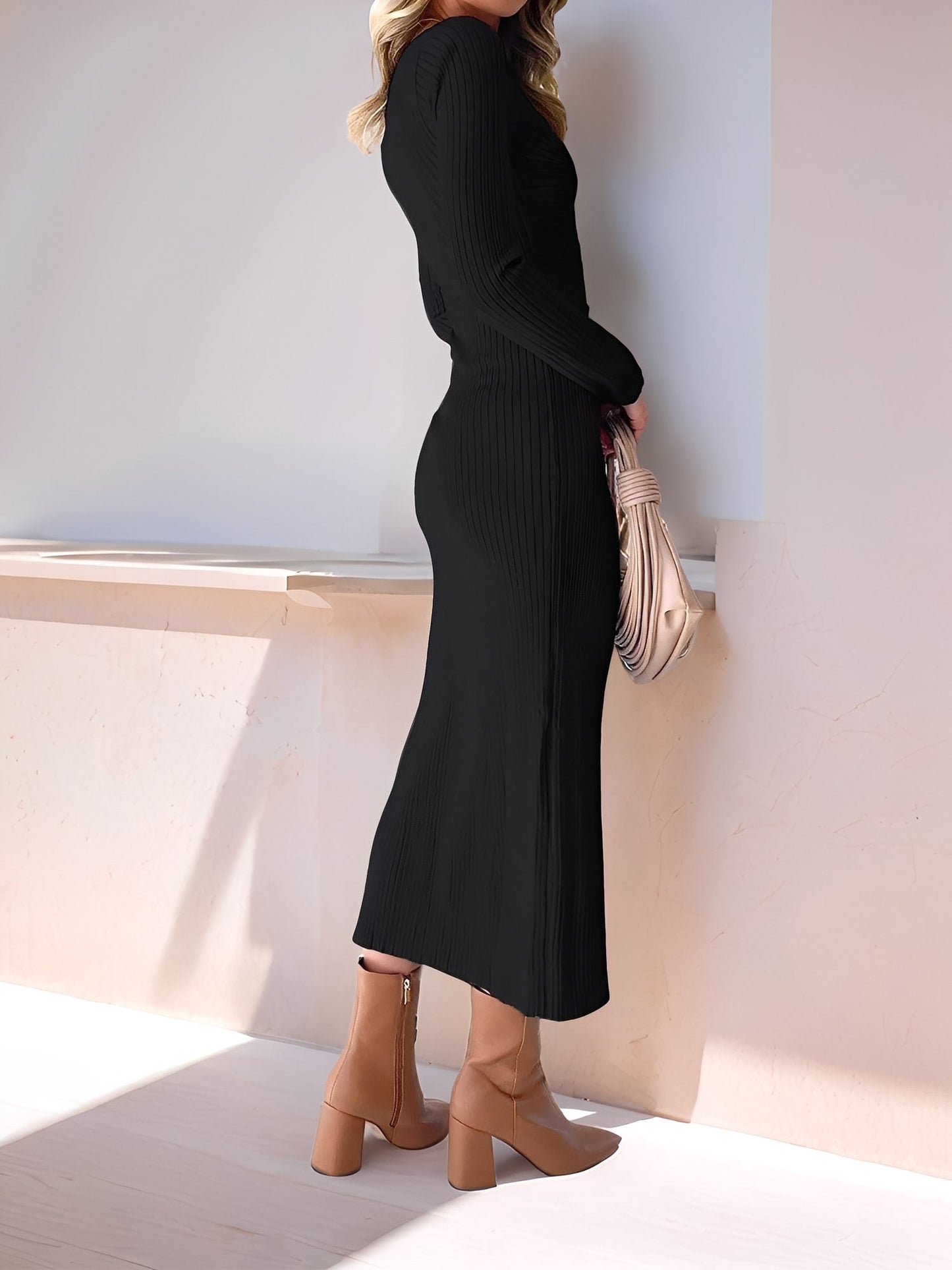 Ruched V Neck Long Sleeve Bodycon Sweater Dress
