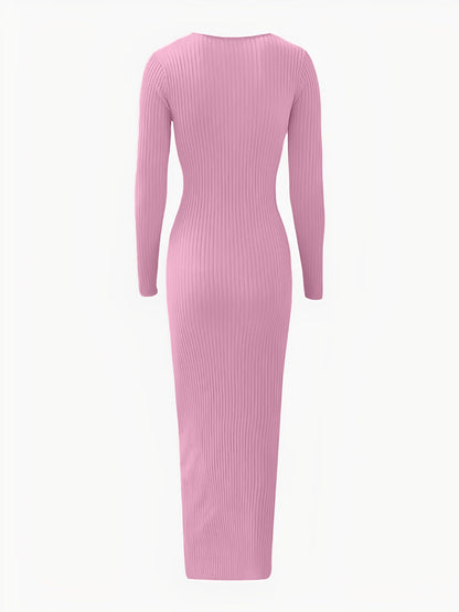 Ruched V Neck Long Sleeve Bodycon Sweater Dress