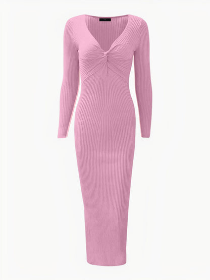 Ruched V Neck Long Sleeve Bodycon Sweater Dress
