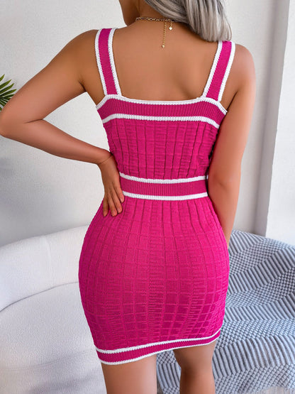 Casual Square Neck Button Decor Color Block Knitted Bodycon Dress
