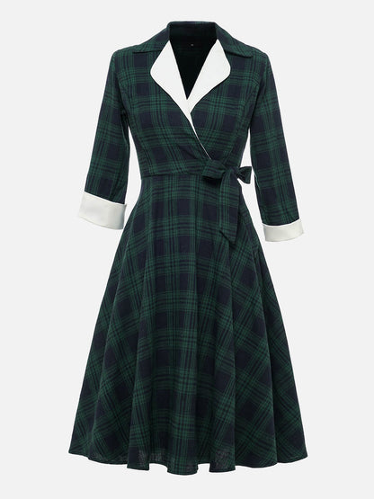 Plaid 3/4 Sleeves Lace-Up Midi A-Line Dress