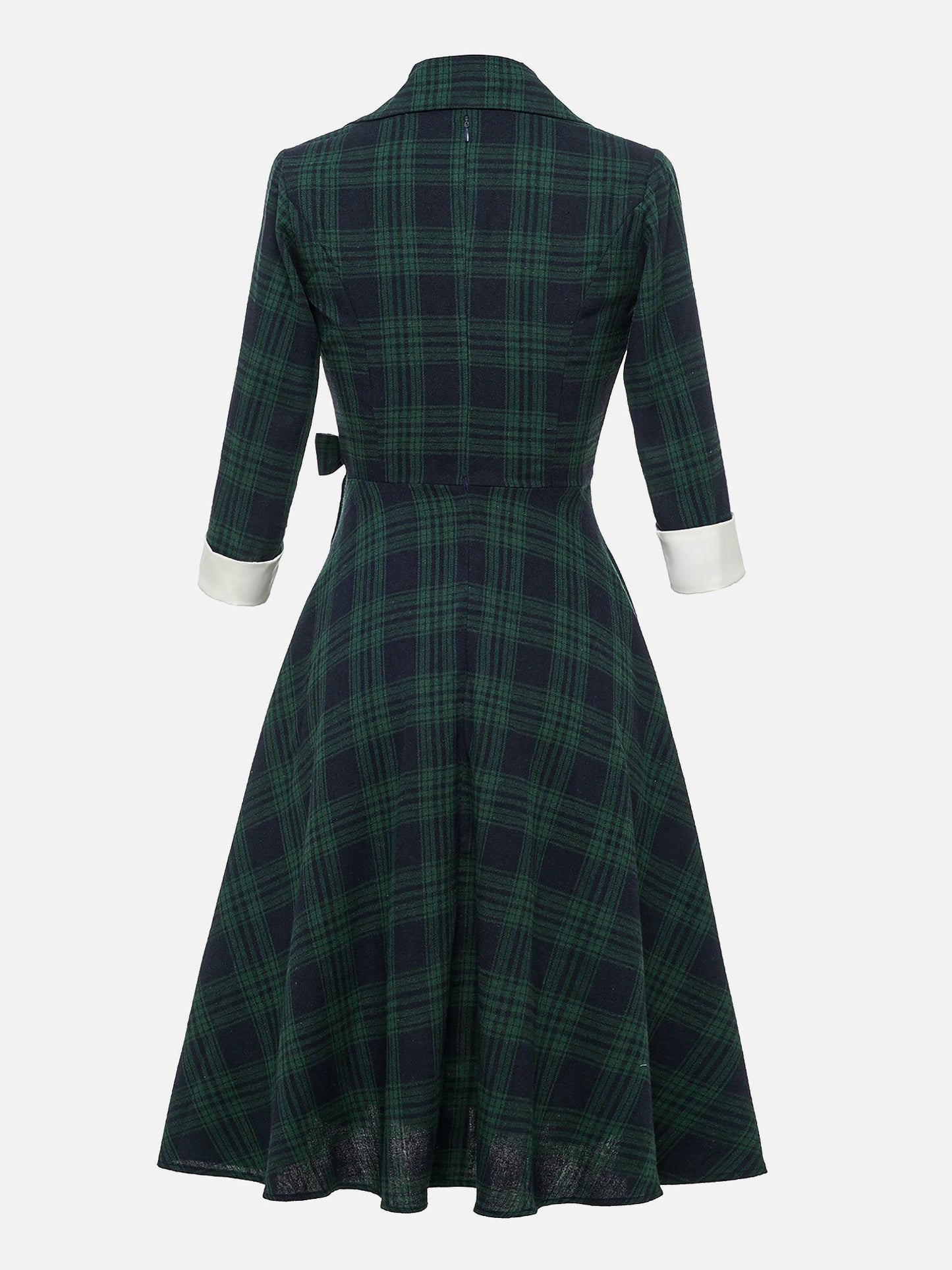 Plaid 3/4 Sleeves Lace-Up Midi A-Line Dress