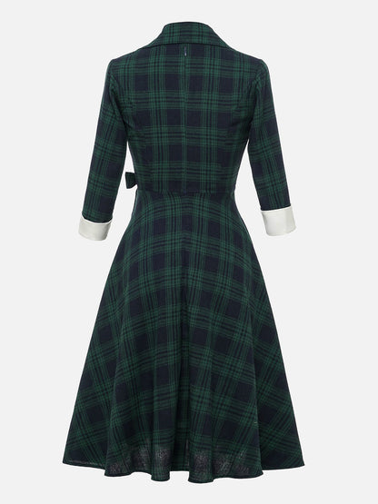 Plaid 3/4 Sleeves Lace-Up Midi A-Line Dress