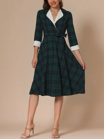 Plaid 3/4 Sleeves Lace-Up Midi A-Line Dress