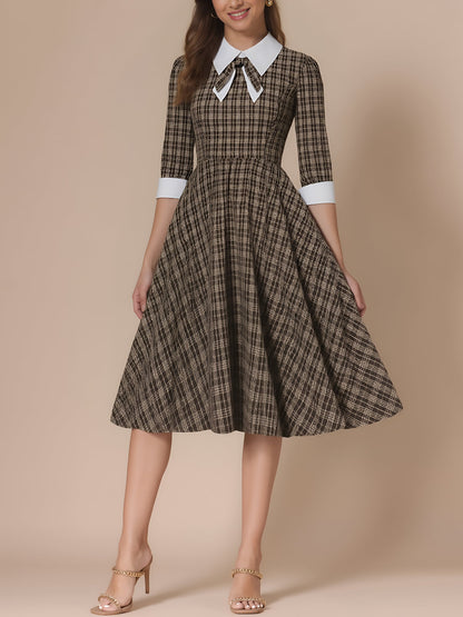 Plaid Collar Bow Tie 3/4 Sleeve Midi A-Line Dress