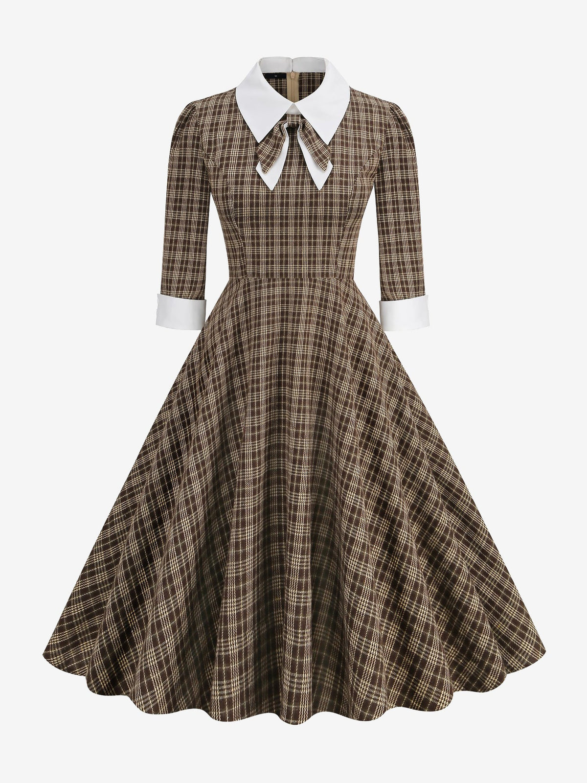 Plaid Collar Bow Tie 3/4 Sleeve Midi A-Line Dress