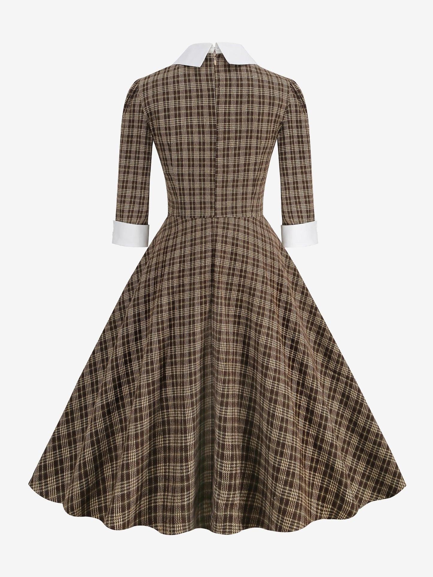 Plaid Collar Bow Tie 3/4 Sleeve Midi A-Line Dress