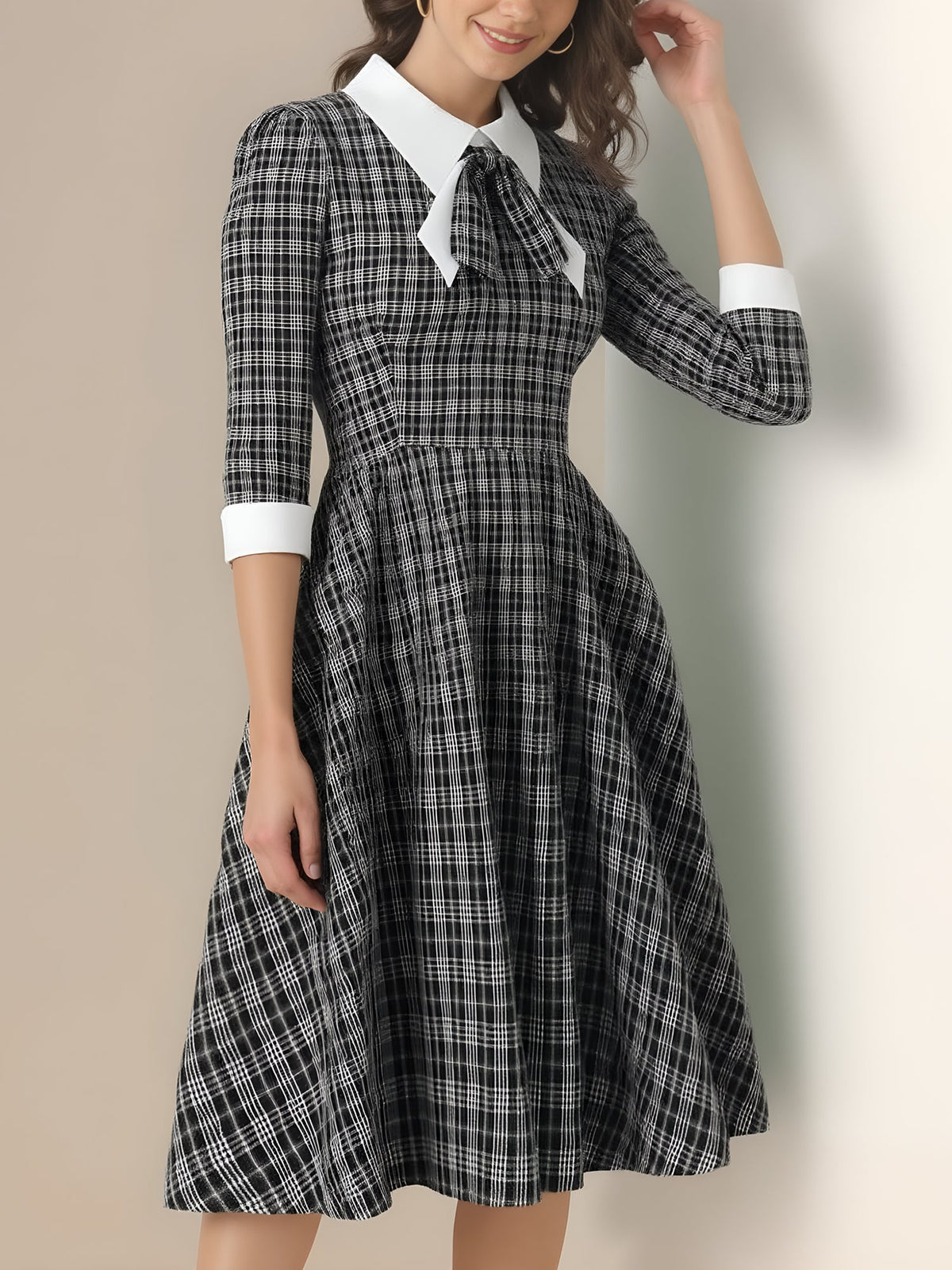 Plaid Collar Bow Tie 3/4 Sleeve Midi A-Line Dress