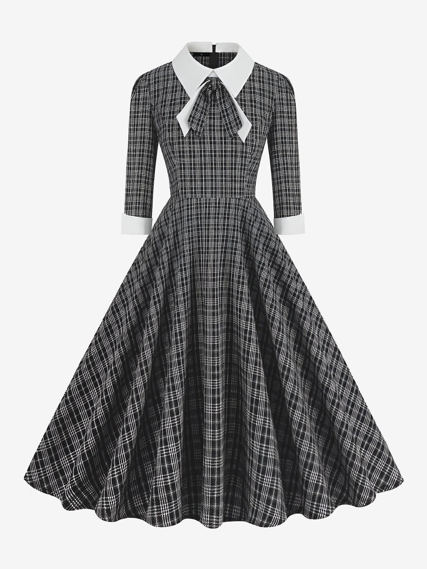 Plaid Collar Bow Tie 3/4 Sleeve Midi A-Line Dress