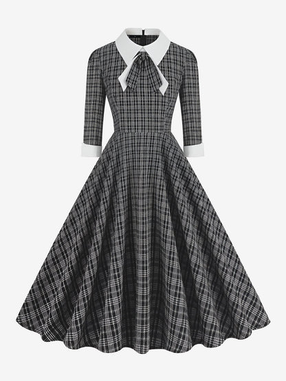 Plaid Collar Bow Tie 3/4 Sleeve Midi A-Line Dress