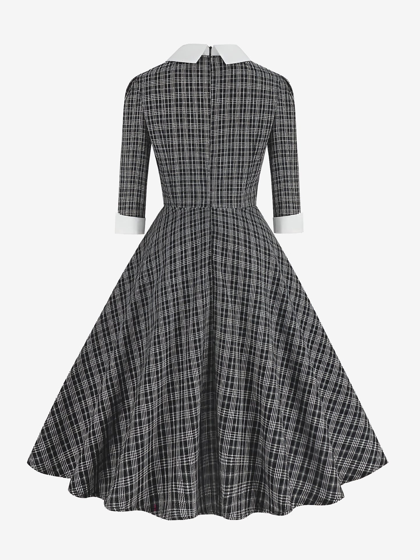 Plaid Collar Bow Tie 3/4 Sleeve Midi A-Line Dress
