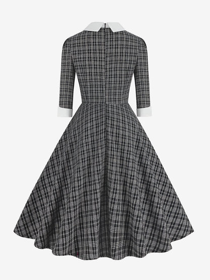 Plaid Collar Bow Tie 3/4 Sleeve Midi A-Line Dress
