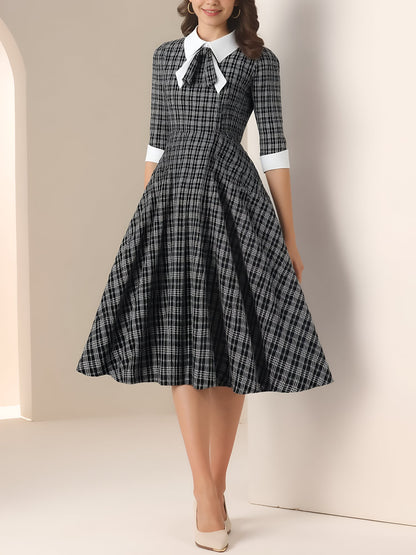 Plaid Collar Bow Tie 3/4 Sleeve Midi A-Line Dress