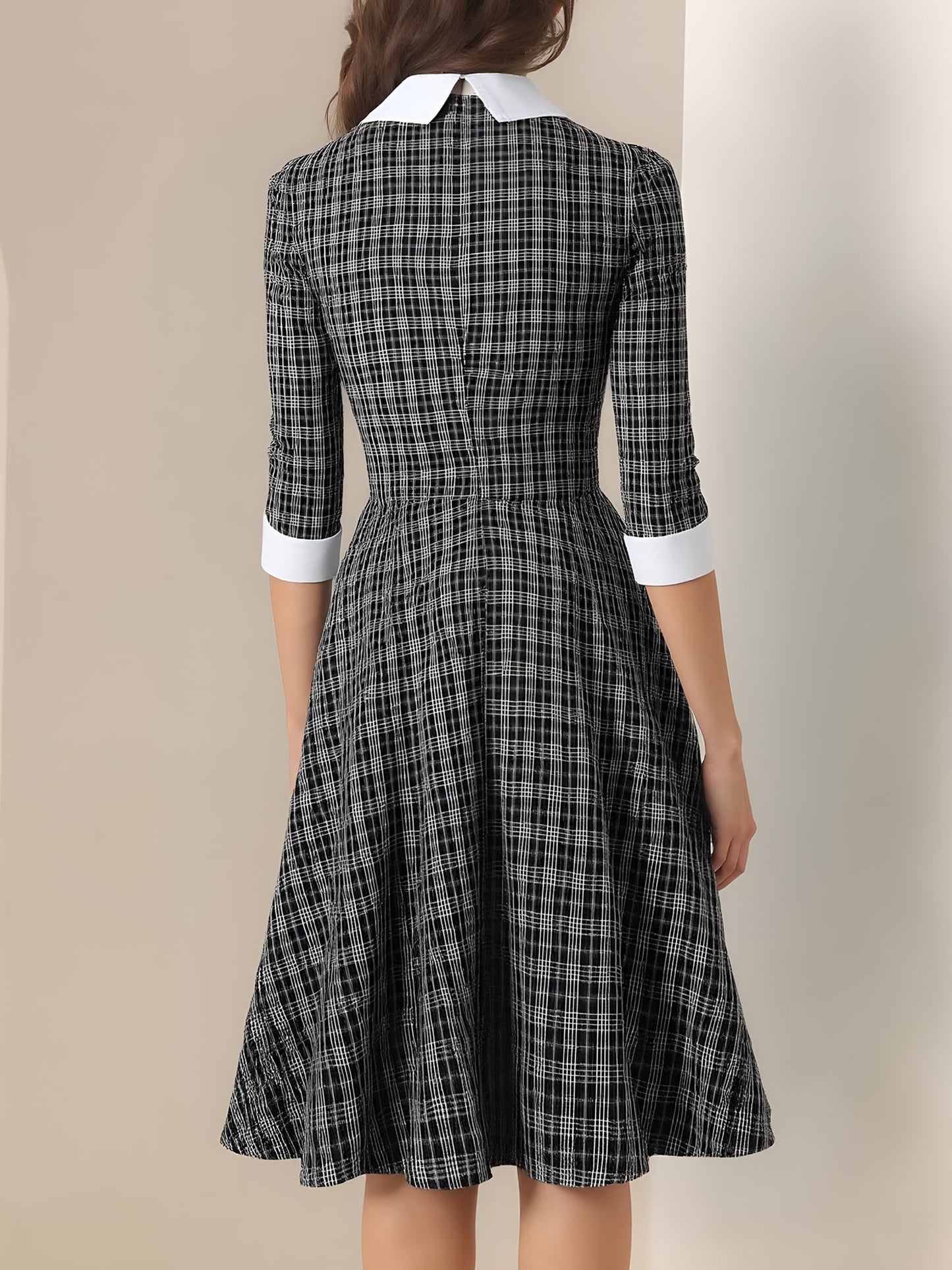 Plaid Collar Bow Tie 3/4 Sleeve Midi A-Line Dress