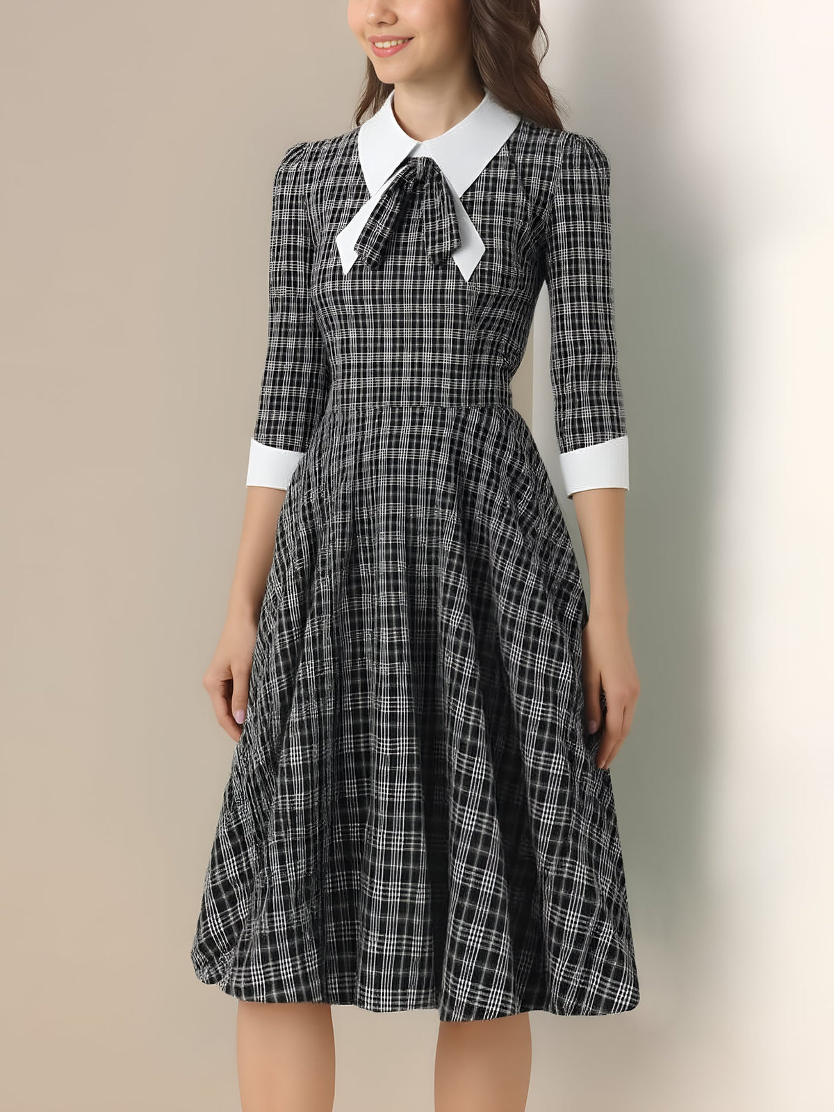 Plaid Collar Bow Tie 3/4 Sleeve Midi A-Line Dress