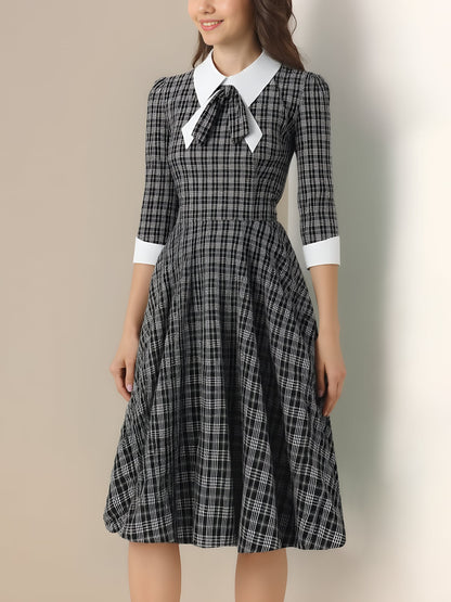 Plaid Collar Bow Tie 3/4 Sleeve Midi A-Line Dress