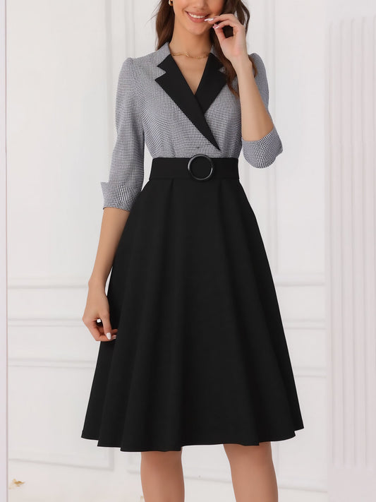 Vintage 3/4 Puff Sleeves Collared Gingham Patchwork Belted A-Line Midi Dress