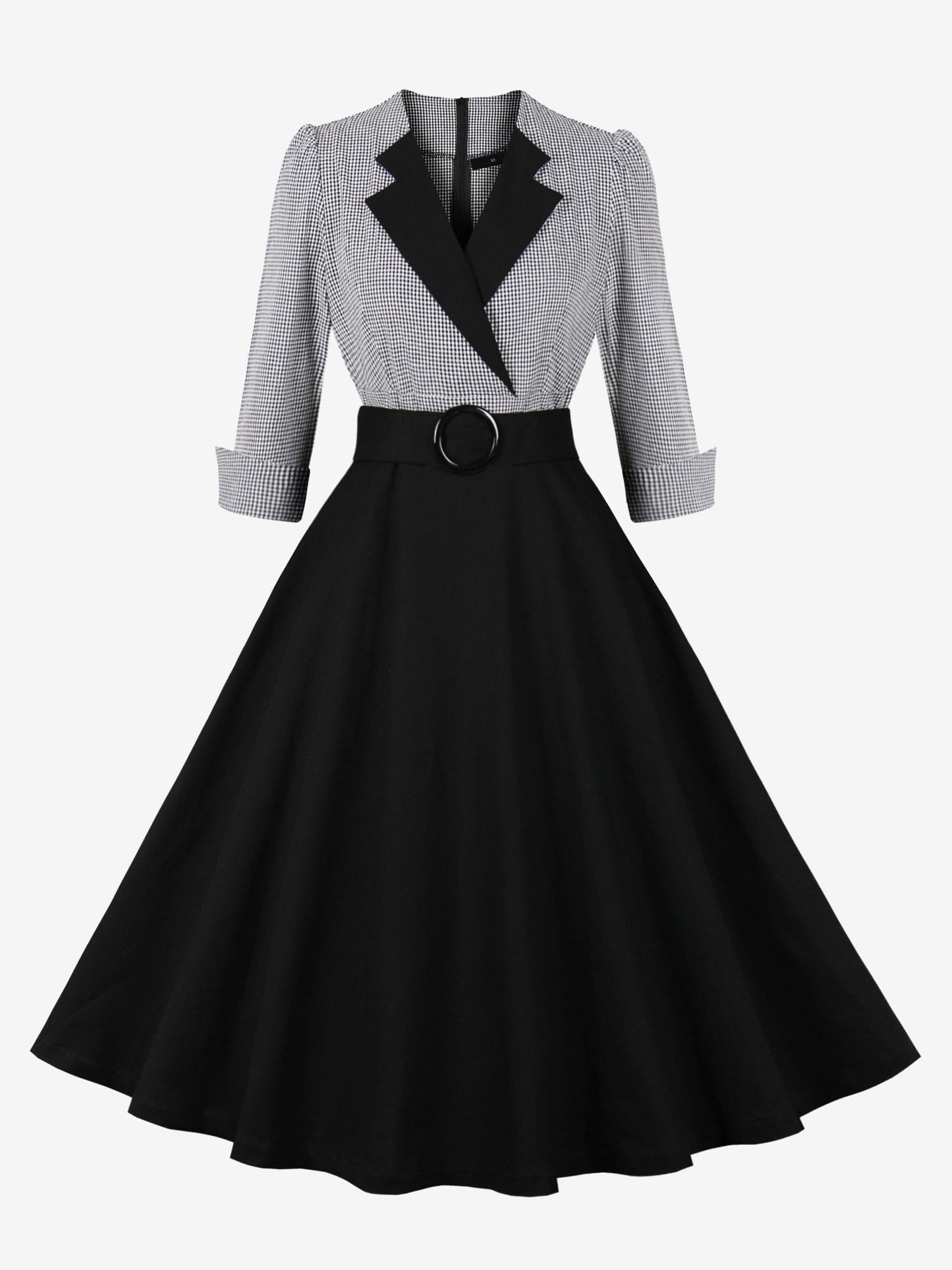 Vintage 3/4 Puff Sleeves Collared Gingham Patchwork Belted A-Line Midi Dress